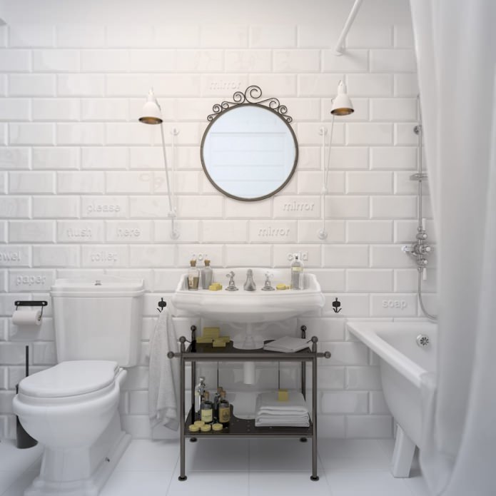 ванная комната в белом цвете с плиткой "кирпичи"