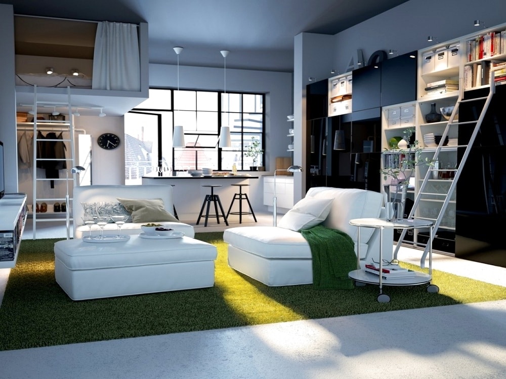 Идеальное сочетание белого и зеленого цвета в оформлении интерьера студийных апартаментов