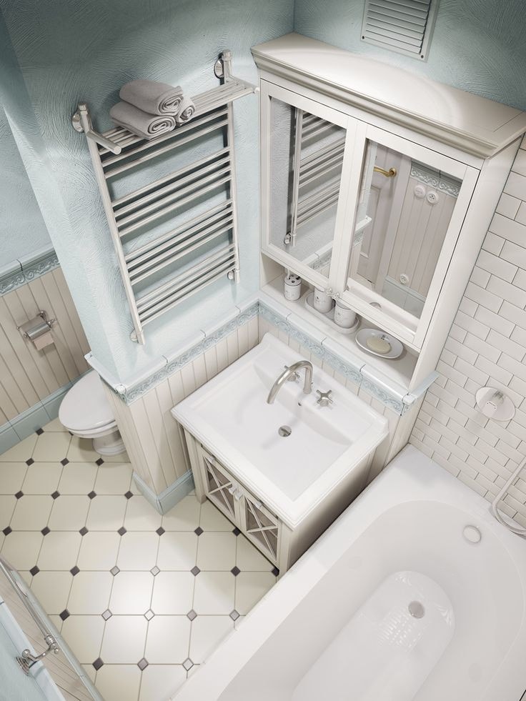 Молочный цвет керамической плитки и нежные оттенки бирюзы помогут создать идеальную атмосферу в вашей ванной комнате в стиле прованс