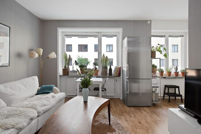 Современный интерьер однокомнатной квартиры в серых цветах