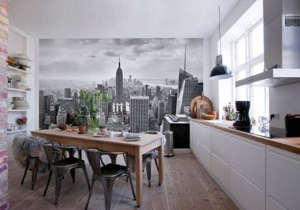3д фотообои с видом на город в интерьере кухни