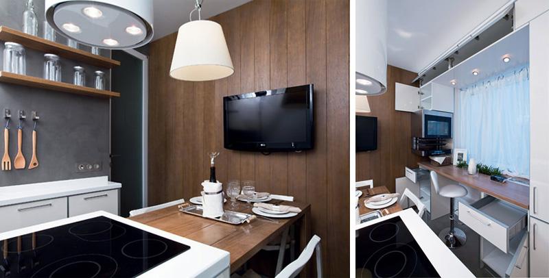 интересное решение дизайна кухни 7-9 кв м с телевизором