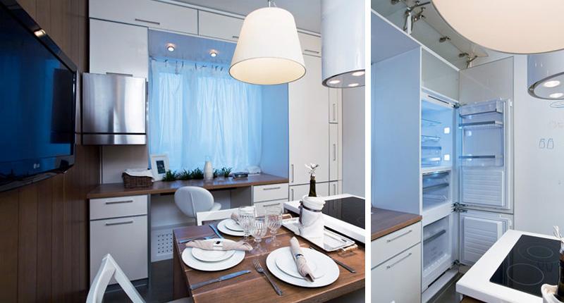 интересное решение дизайна кухни 7-9 кв м с холодильником
