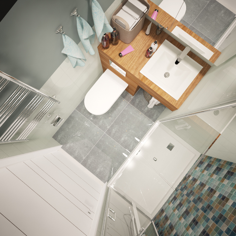 Серо-белый интерьер ванной в квартире с балконом