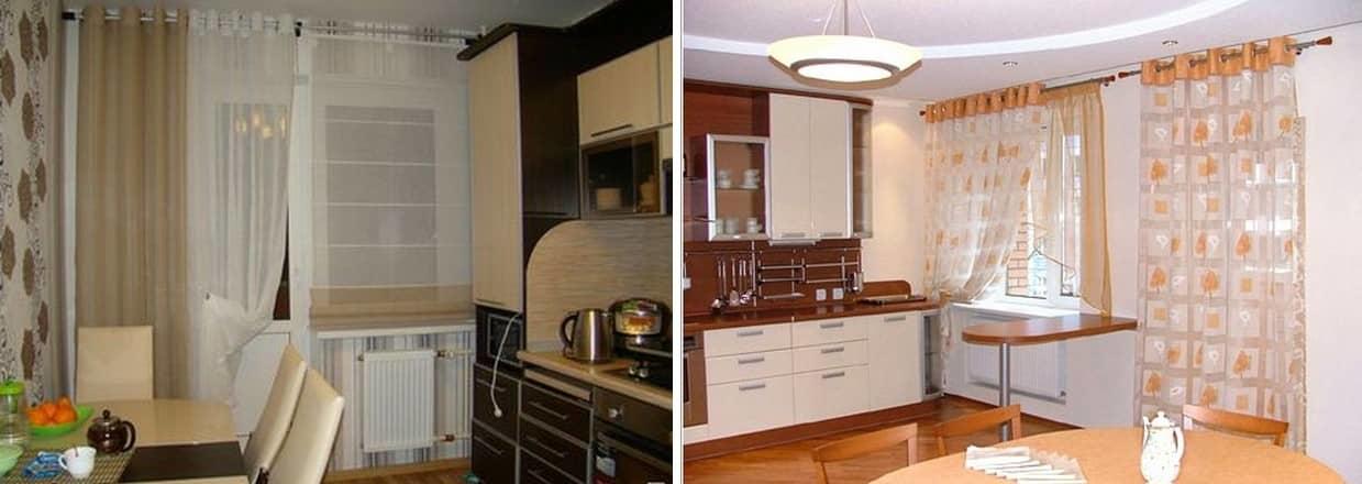 Дизайн и вид штор для кухни с балконом можно сочетать с различными типами ткани
