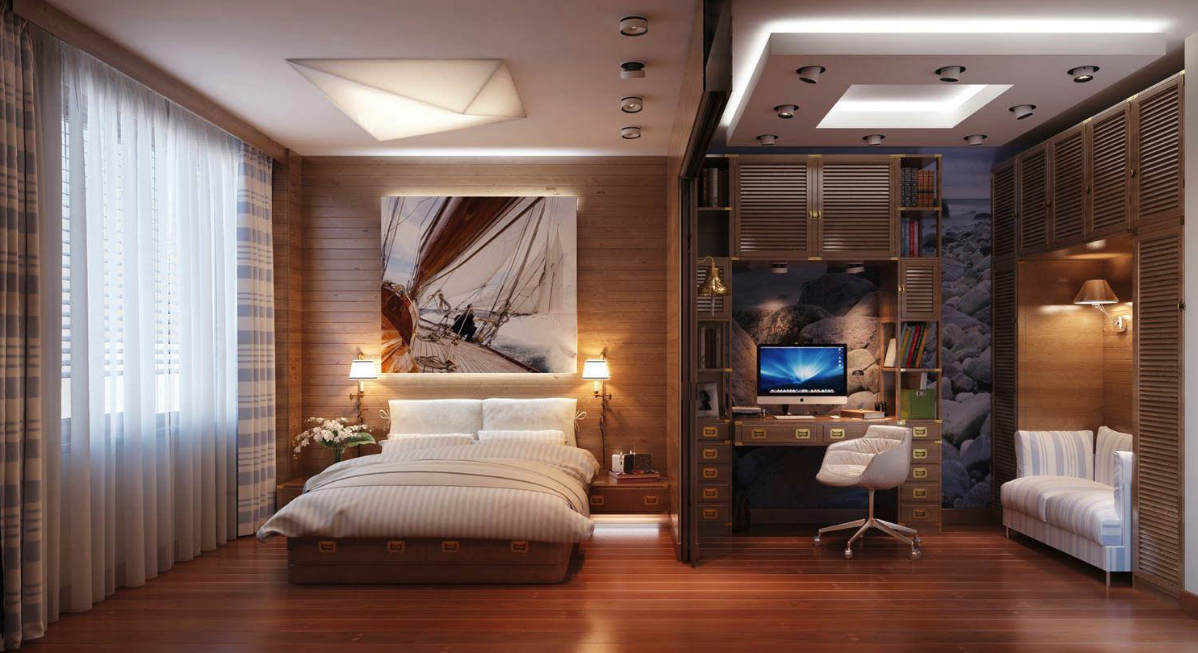 Совмещая спальню с рабочим кабинетом, необходимо делать для каждой зоны отдельное освещение 