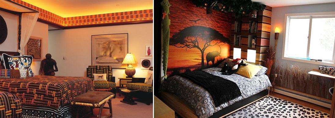 Спальня, оформленная в экзотическом африканском стиле, выглядит ярко, эффектно и самобытно