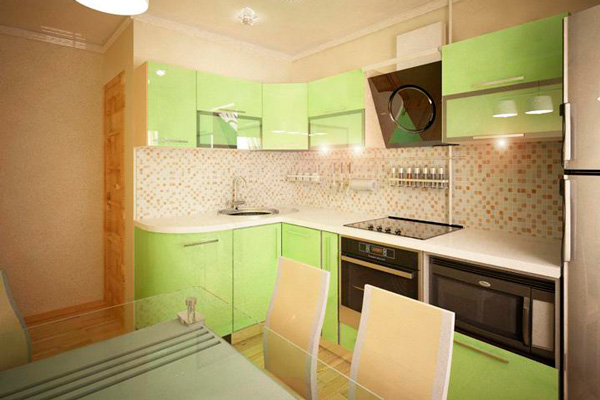Угловая кухня нежно зеленого цвета