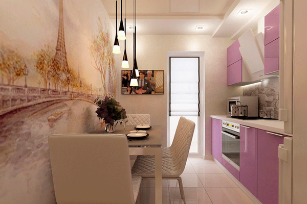 Розовая глянцевая кухня с бежевым натяжным потолком