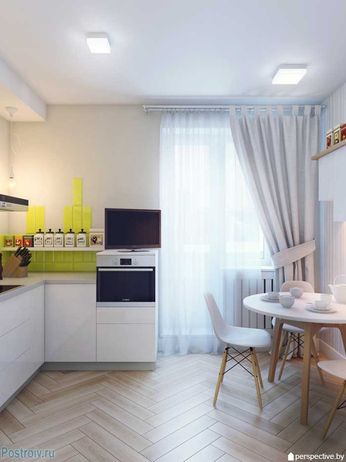 Дизайн светлой кухни в однокомнатной квартире 36 кв. м. Фото