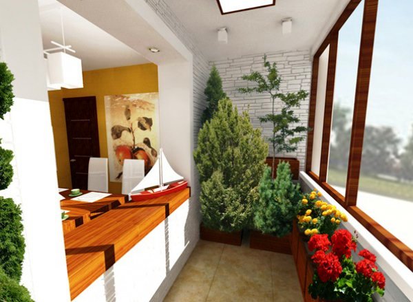 лоджия с белой отделкой, белая отделка под кирпич, с множеством зеленых растений, цветами, соединенная с комнатой открытым пространством в виде окна без стекол