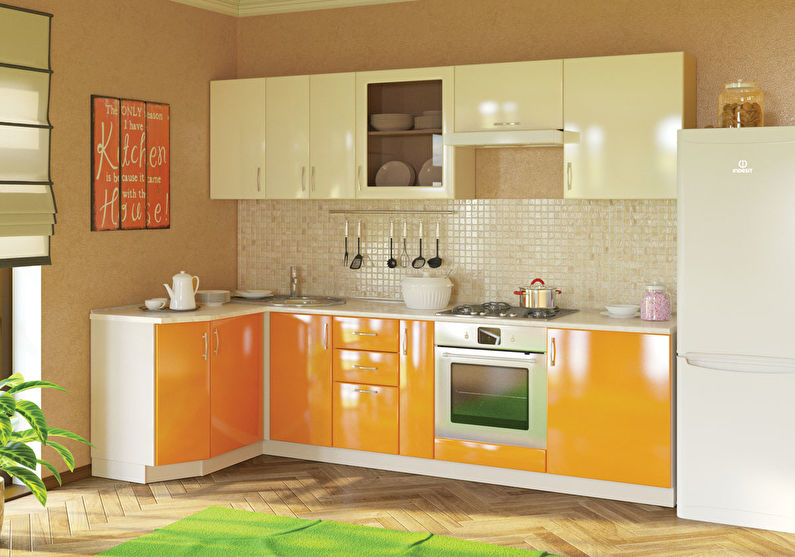 Белый с оранжевым - Дизайн кухни 9 кв.м.