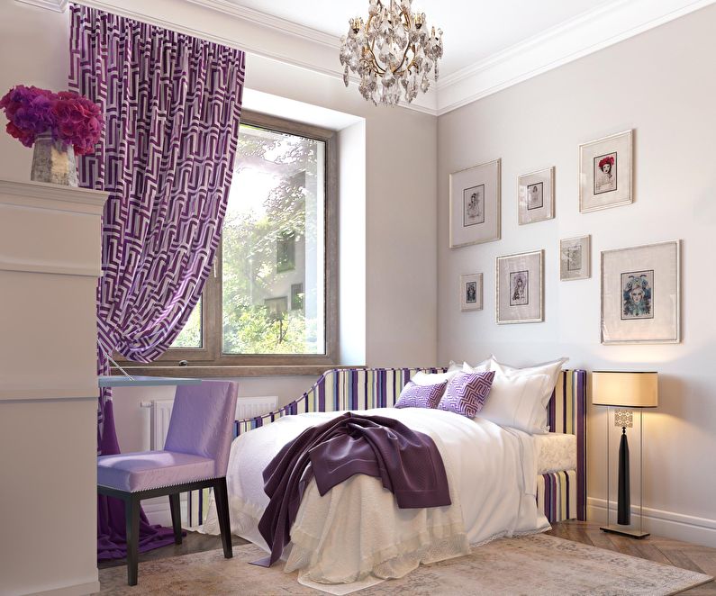 Дизайн маленькой спальни в фиолетовых тонах - фото