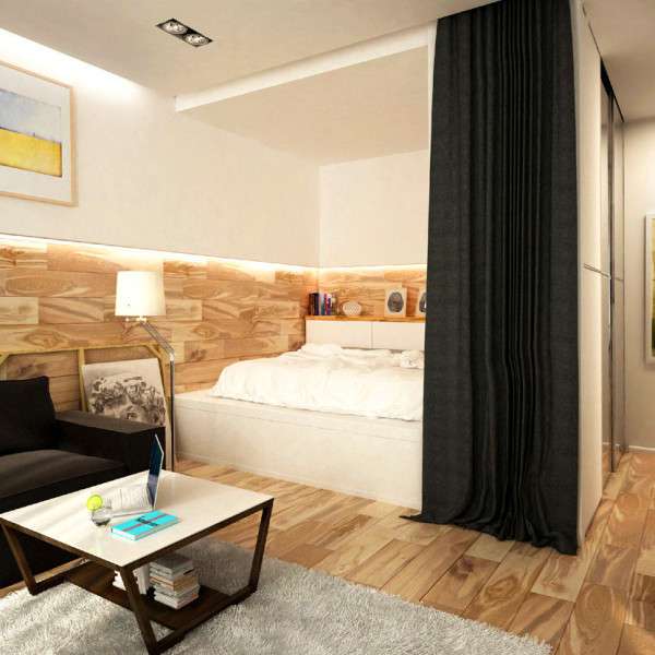 Дизайн интерьера маленькой квартиры - отделение спальни занавесками